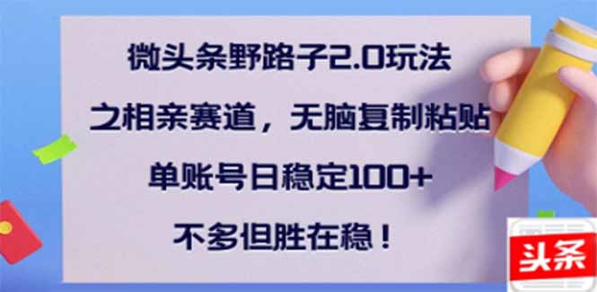 微头条野路子2.0玩法之相亲赛道，无脑搬砖复制粘贴，单账号日稳定300+…-云享网创
