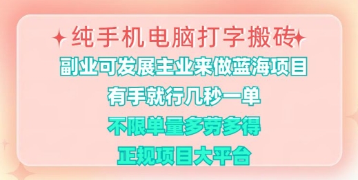 纯手机电脑打字搬砖，有手就行，几秒一单，多劳多得，正规项目大平台【揭秘】-云享网创