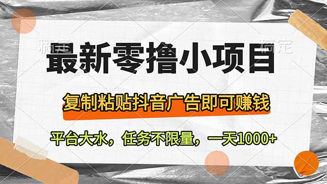 最新零撸小项目，复制粘贴抖音广告即可赚钱，平台大水，任务不限量，一…-云享网创