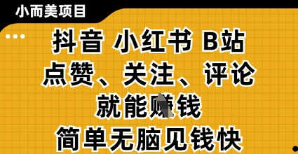 小而美的项目，抖音小红书B站视频点赞、关注、评论就能挣钱，简单无脑立见收益，妥妥的零撸项目【揭秘】-云享网创