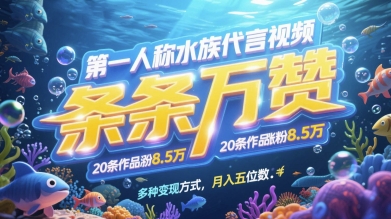 第一人称水族代言视频，条条万赞，20条作品涨粉7.8W，多种变现方式月入五位数-云享网创