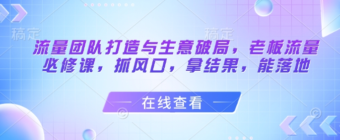 流量团队打造与生意破局，老板流量必修课，抓风口，拿结果，能落地-云享网创