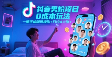 抖音男粉项目0成本玩法，一部手机即可操作，日均4张+，时间自由-云享网创