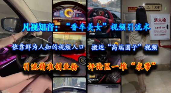 凡视知音：“香车美女”视频引流术，依靠鲜为人知的视频入口，搬运“高端圈子”视频，引流精准创业粉，评论区一堆“求带”-云享网创