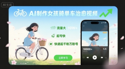 AI制作女孩骑单车治愈视频，流量大，起号快，快速起千粉万粉号-云享网创