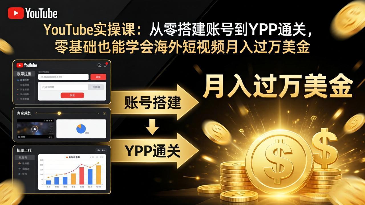 YouTube实操课：从零搭建账号到YPP通关，零基础也能学会海外短视频月入过万美金-云享网创