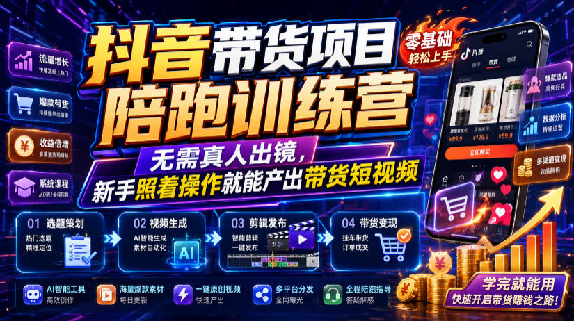 抖音带货项目陪跑训练营，无需真人出镜，新手照着操作就能产出带货短视频-云享网创