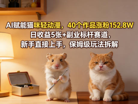AI赋能猫咪轻动漫,40个作品涨粉152.8W,日收益5张+副业标杆赛道,新手直接上手,保姆级玩法拆解-云享网创