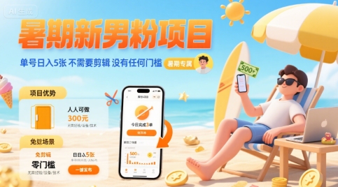 暑期新男粉项目 单号日入5张 不需要剪辑 没有任何门槛-云享网创