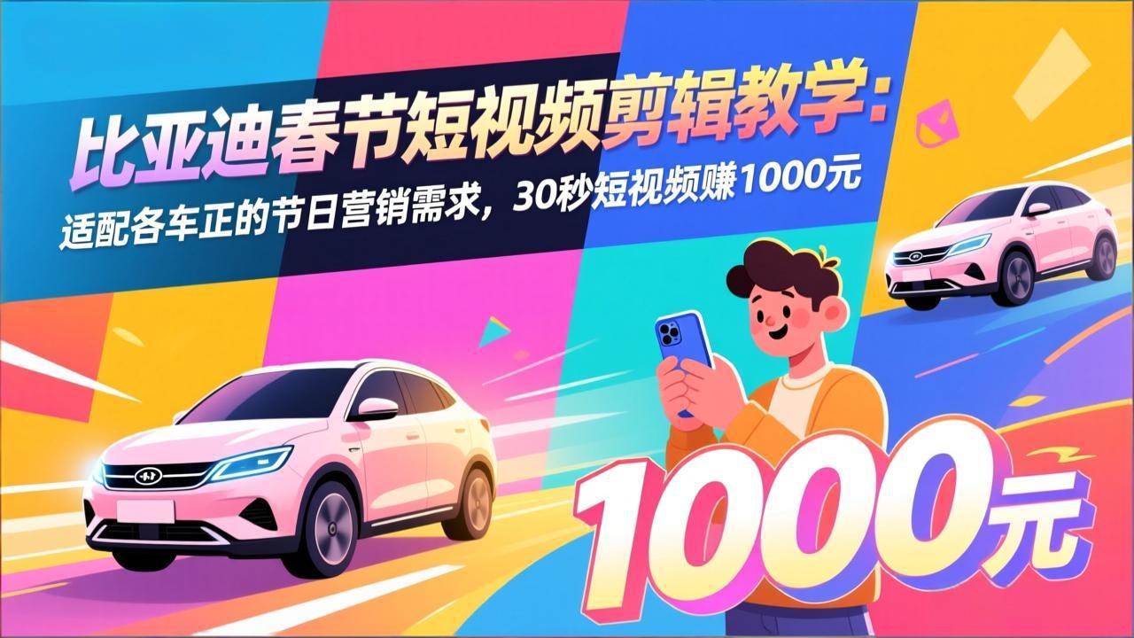 比亚迪春节短视频剪辑教学：适配各车企的节日营销需求，30秒短视频赚1000元-云享网创