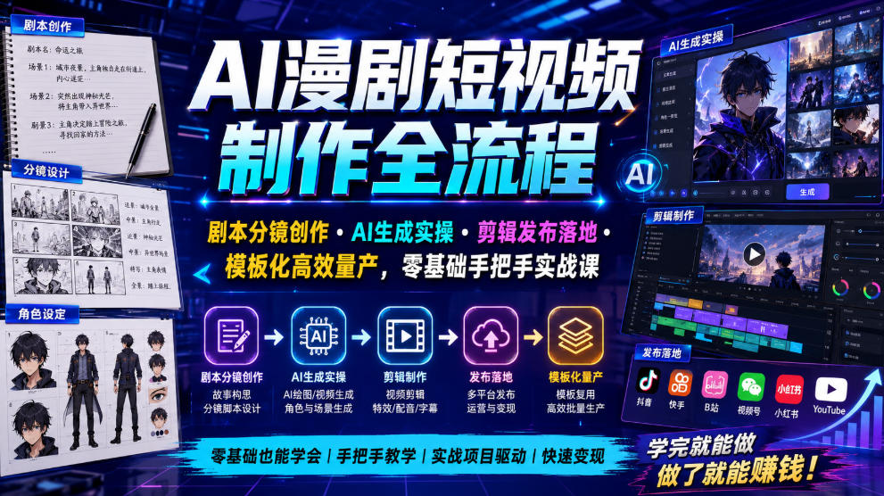 AI漫剧短视频制作全流程|剧本分镜创作・AI生成实操・剪辑发布落地・模板化高效量产,零基础手把手实战课-云享网创