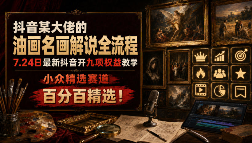 抖音某大佬的油画名画解说全流程,7.24日最新抖音开九项权益教学,小众精选赛道,百分百精选!-云享网创