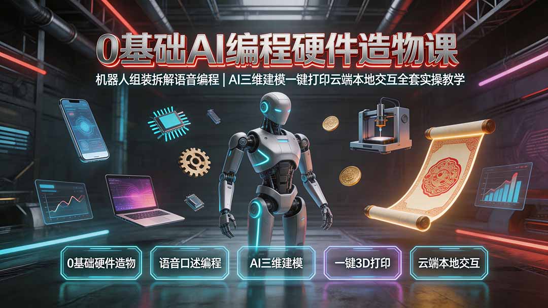 0基础AI编程硬件造物课|机器人组装拆解语音编程,AI三维建模一键打印云端本地交互全套实操教学-云享网创