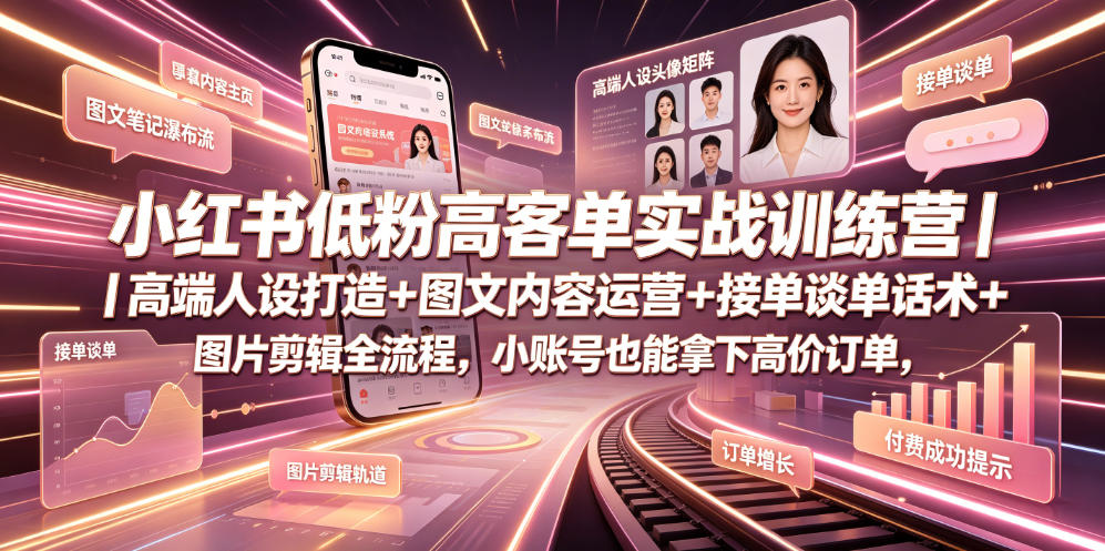 小红书低粉高客单实战训练营｜高端人设打造+图文内容运营+接单谈单话术+图片剪辑全流程，小账号也能拿下高价订单-云享网创