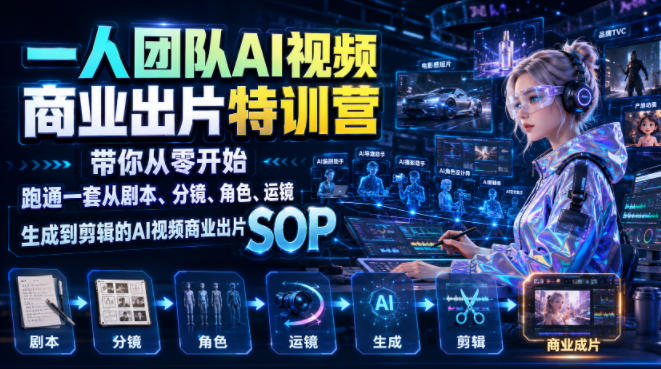 一人团队AI视频商业出片实战课:带你从零开始跑通一套从剧本、分镜、角色、运镜、生成到剪辑的AI视频商业出片SOP-云享网创