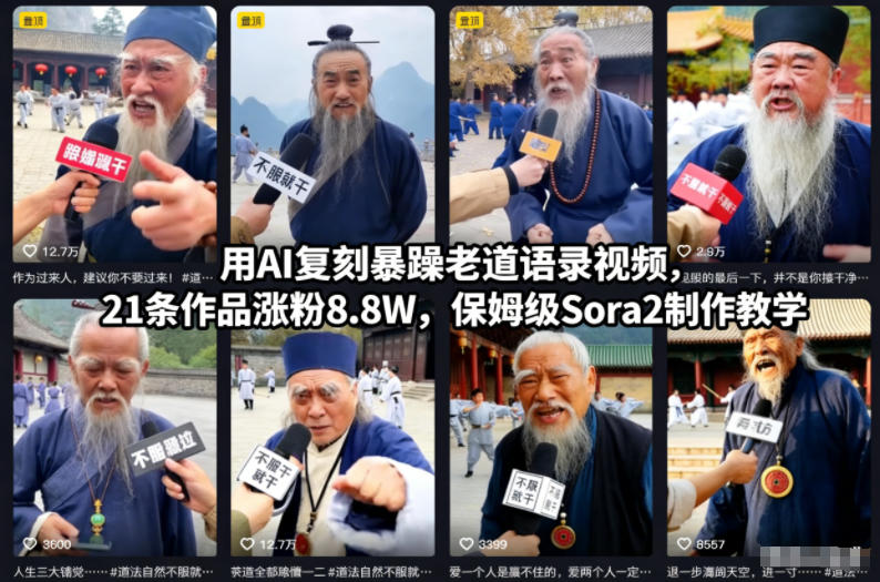 用AI复刻暴躁老道语录视频,21条作品涨粉8.8W,保姆级Sora2制作教学-云享网创