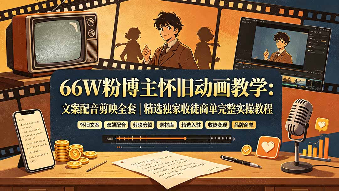 66W粉博主怀旧动画教学:文案配音剪映全套|精选独家收徒商单完整实操教程-云享网创