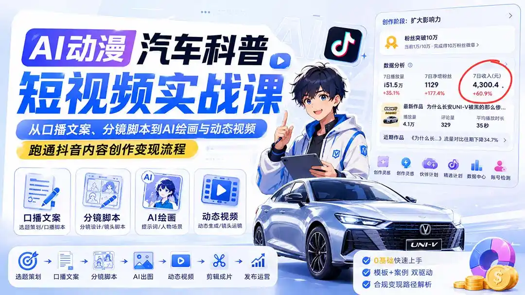 AI动漫汽车科普短视频实战课：从口播文案、分镜脚本到AI绘画与动态视频，跑通抖音内容创作变现流程-云享网创