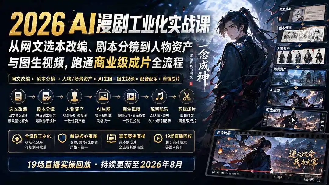 2026 AI漫剧工业化实战课-更新：从网文选本改编、剧本分镜到人物资产与图生视频，跑通商业级成片全流程-云享网创