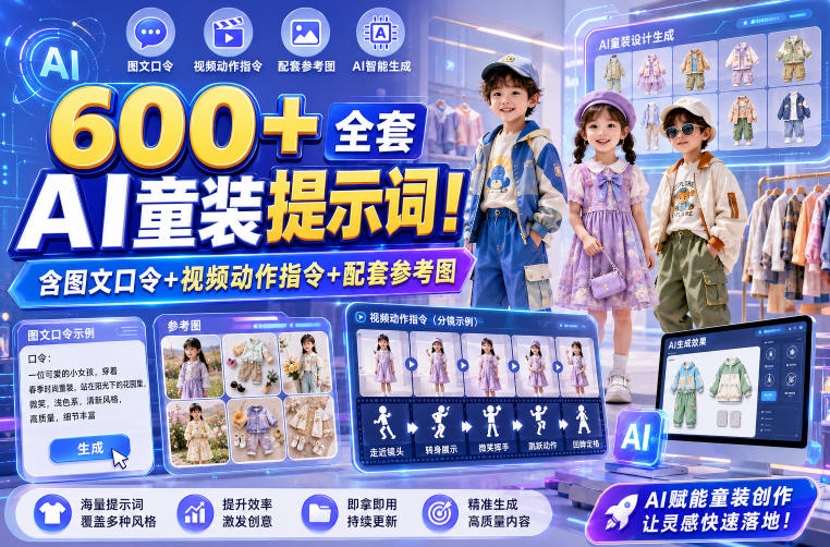 600+全套AI童装提示词！含图文口令+视频动作指令+配套参考图，Word-Excel规整分类，童装电商、种草无脑量产内容！-云享网创