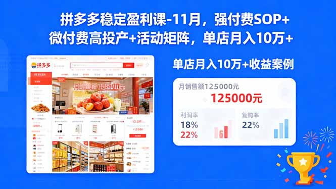 拼多多稳定盈利课-11月,强付费SOP+微付费高投产+活动矩阵,单店月入10w+-云享网创