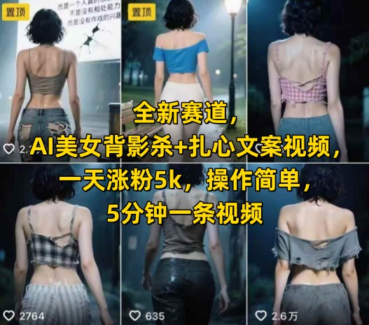 全新赛道，AI美女背影杀+扎心文案视频，一天涨粉5k，操作简单，5分钟一条视频-云享网创
