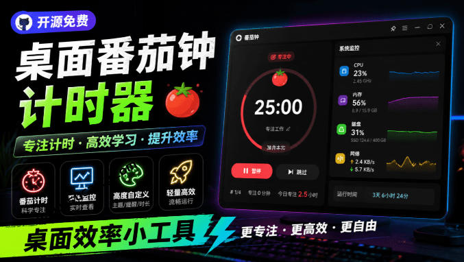 仅1.16MB，开源极简的桌面时钟、番茄钟计时器，还支持系统监控显示，桌面效率小工具Catime-云享网创