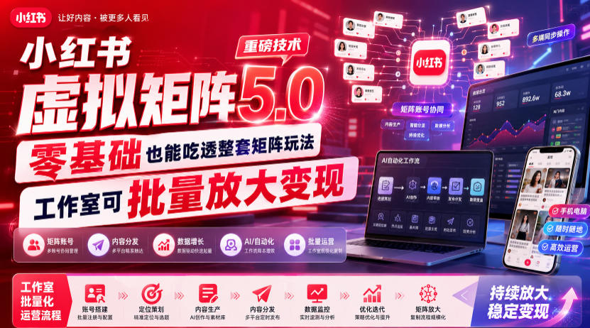 小红书虚拟矩阵5.0重磅技术,零基础也能吃透整套矩阵玩法,工作室可批量放大变现-云享网创