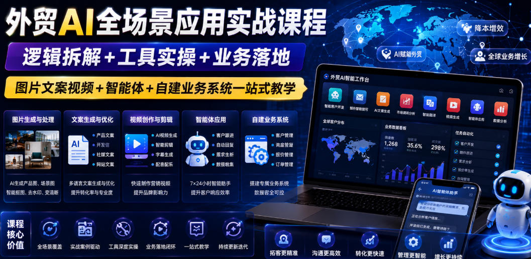 外贸AI全场景应用实战课程｜逻辑拆解+工具实操+业务落地，图片文案视频+智能体+自建业务系统一站式教学-云享网创