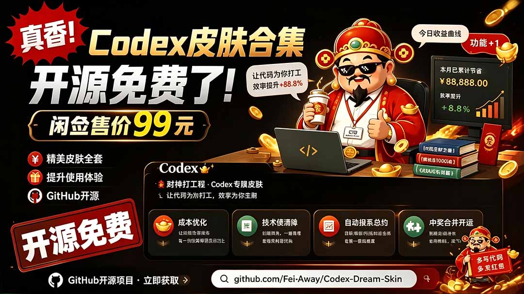 闲鱼售卖99元的Codex皮肤包,GitHub 免费开源了!让你的codex变成精美界面 Codex Dream Skin-云享网创