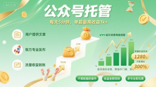 【公众号托管 】我提供文章，你发布，每天5分钟，单篇最高收益1k+【揭秘】-云享网创