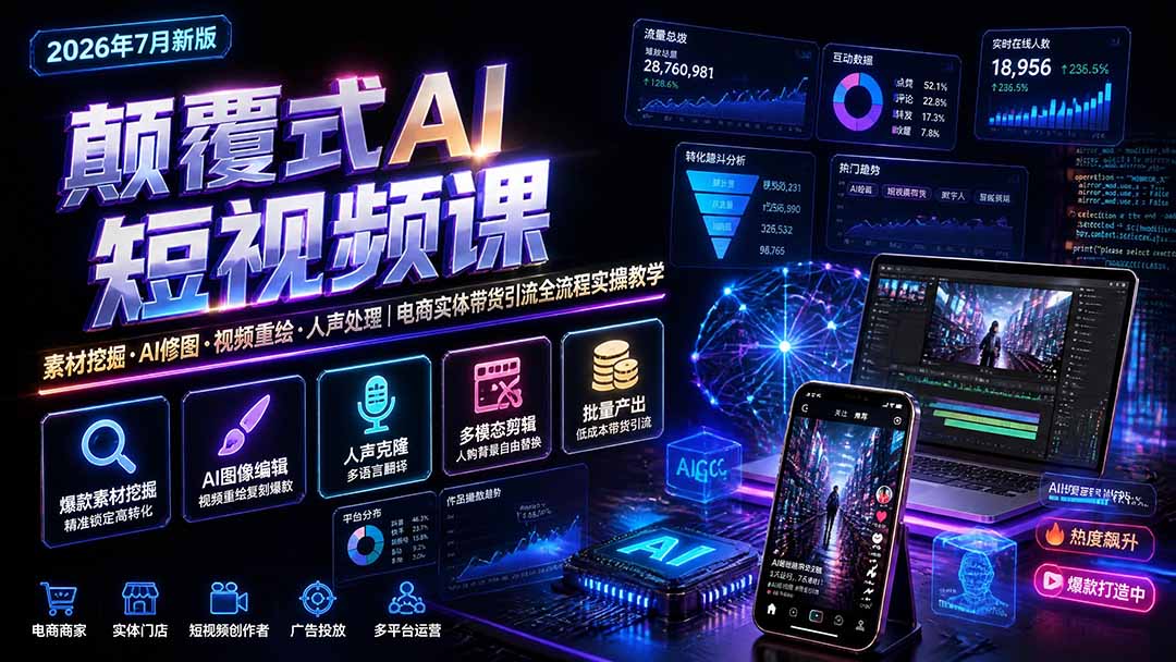 颠覆式AI短视频课|素材挖掘,AI修图,视频重绘,人声处理|电商实体带货引流全流程实操教学-云享网创