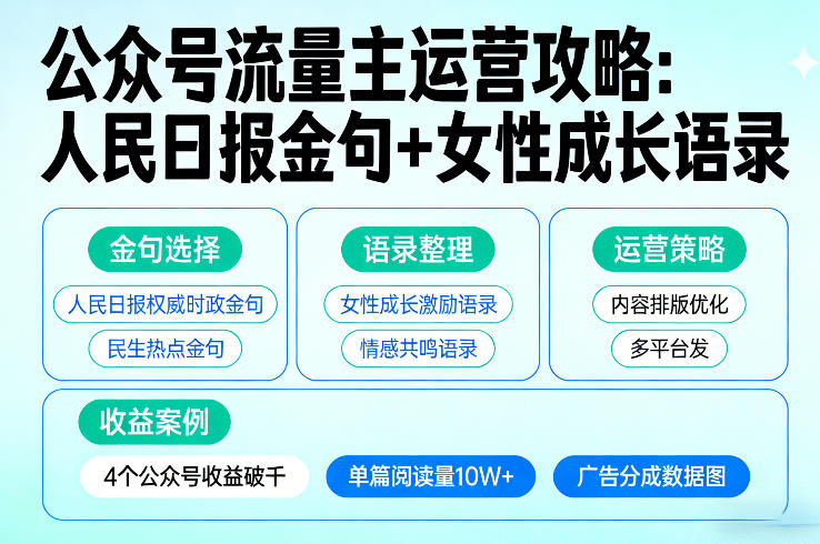 利用人民日报金句+女性成长语录做公众号流量主，4个公众号收益破千-云享网创