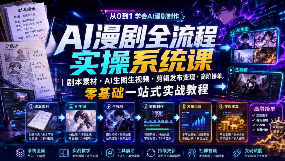AI漫剧全流程实操系统课｜剧本素材・AI生图生视频・剪辑发布变现・高阶接单，零基础一站式实战教程-云享网创