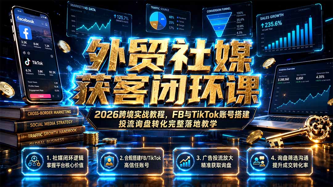 外贸社媒获客闭环课|2026跨境实战教程,FB与TikTok账号搭建投流询盘转化完整落地教学-云享网创