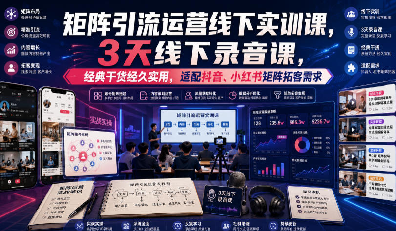 嗨推矩阵引流运营线下实训课,3天线下录音课,经典干货经久实用,适配抖音、小红书矩阵拓客需求-云享网创