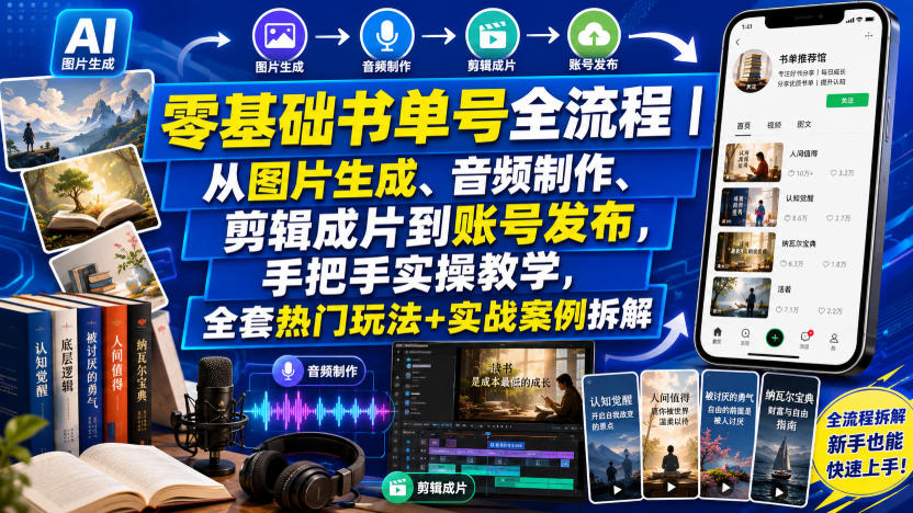 零基础书单号全流程｜从图片生成、音频制作、剪辑成片到账号发布，手把手实操教学，全套热门玩法+实战案例拆解-云享网创