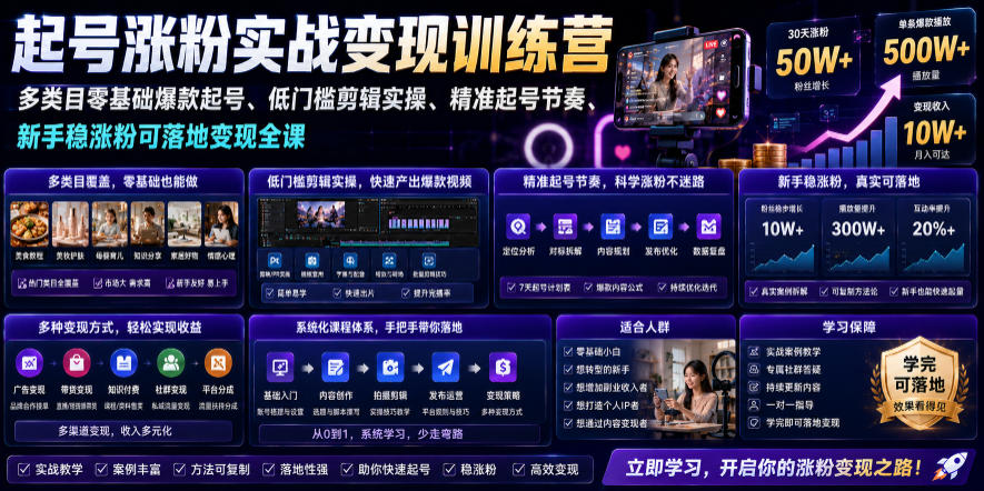 苗子起号涨粉实战变现训练营,多类目零基础爆款起号、精准起号节奏、新手稳涨粉可落地变现全课(更新0719)-云享网创