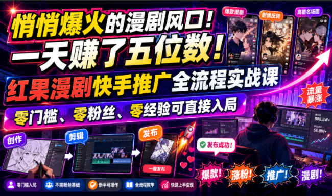 悄悄爆火的漫剧风口！一天賺了五位数！红果漫剧快手推广全流程实战课，零门槛、零粉丝、零经验可直接入局-云享网创