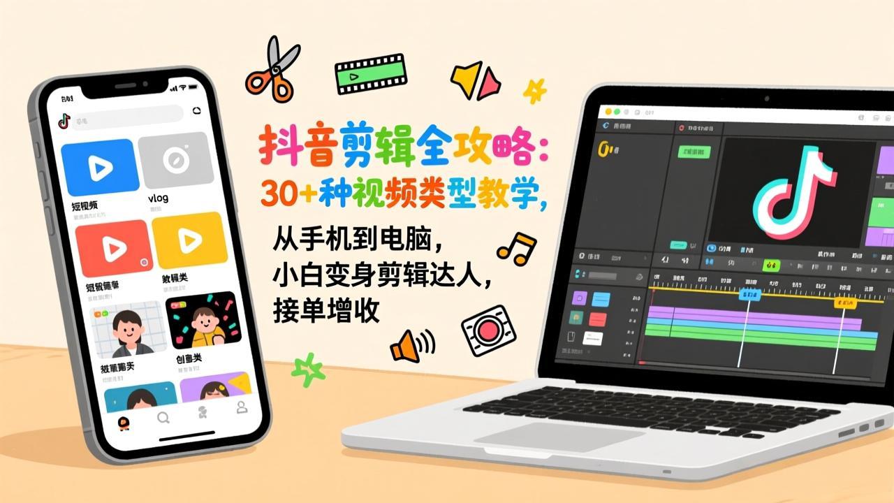 抖音剪辑全攻略：30+种视频类型教学，从手机到电脑，小白变身剪辑达人，接单增收-云享网创