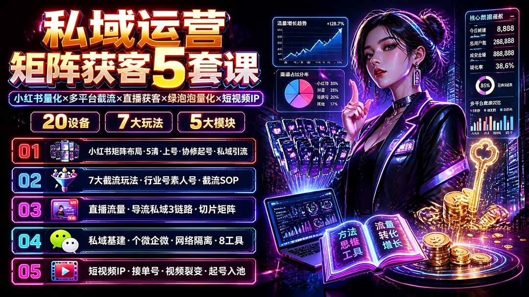 私域运营矩阵获客5套课:小红书量化×多平台截流×直播获客×绿泡泡量化×短视频IP×20设备×7大玩法-云享网创