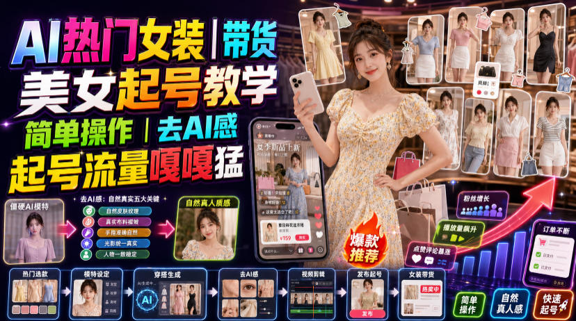 AI热门女装带货丨美女起号教学,简单操作,去AI感,起号流量嘎嘎猛-云享网创