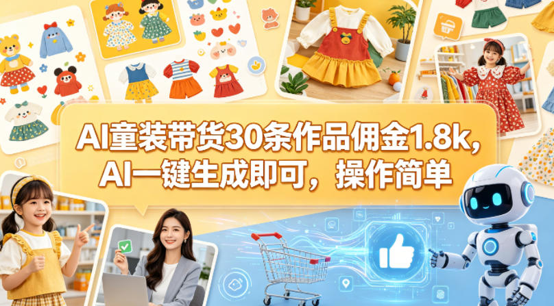 AI童装带货30条作品佣金1.8k,AI一键生成即可,操作简单-云享网创