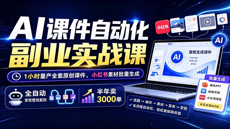 AI课件自动化副业实战课:1小时量产全套原创课件×小红书素材批量生成×全自动变现管线×半年卖3000单-云享网创