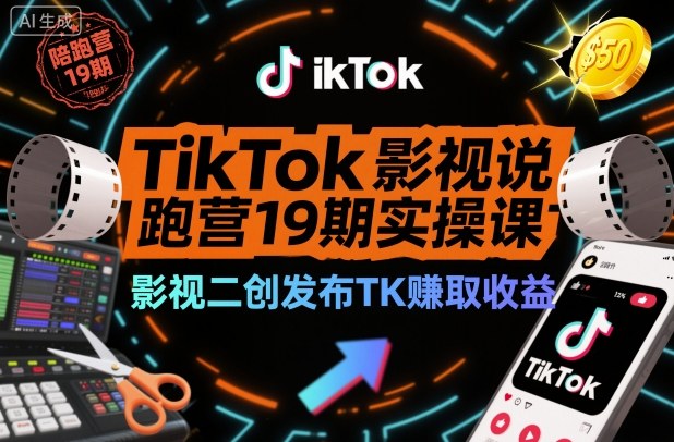 TikTok影视解说陪跑营19期实操课,影视二创发布TK賺取收益,万播收益50美金(更新)-云享网创