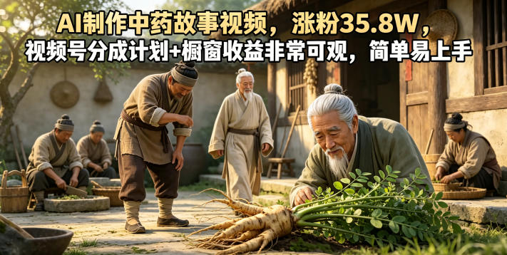 AI制作中药故事视频，涨粉35.8W，视频号分成计划+橱窗收益非常可观，简单易上手-云享网创