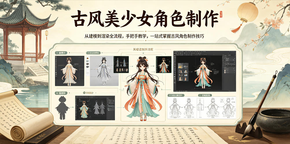 古风美少女角色制作，从建模到渲染全流程，手把手教学，一站式掌握古风角色制作技巧-云享网创
