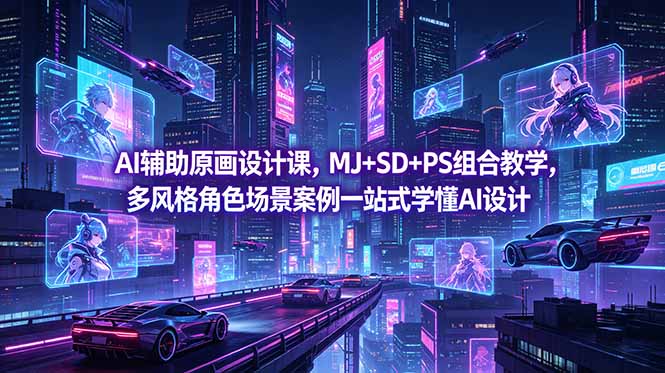 AI辅助原画设计课，MJ+SD+PS组合教学，多风格角色场景案例一站式学懂AI设计-云享网创