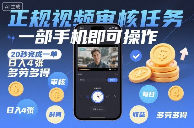 正规视频审核任务,一部手机即可操作,20秒完成一单,日入4张,多劳多得【揭秘】-云享网创