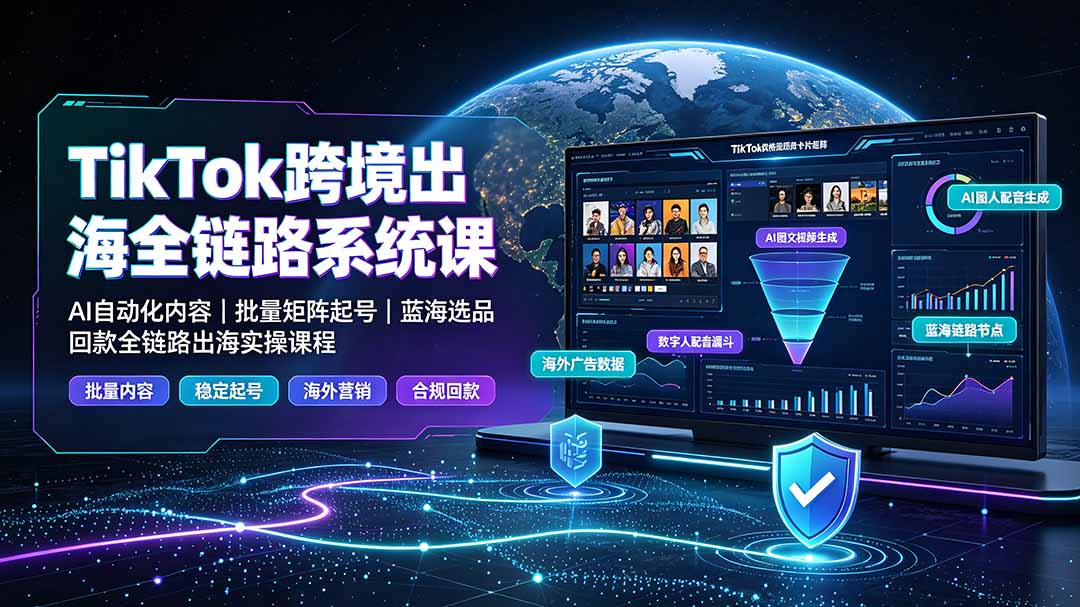 TikTok跨境出海全链路系统课-2026年7月：AI自动化内容｜批量矩阵起号｜蓝海选品回款全链路出海实操课程-云享网创